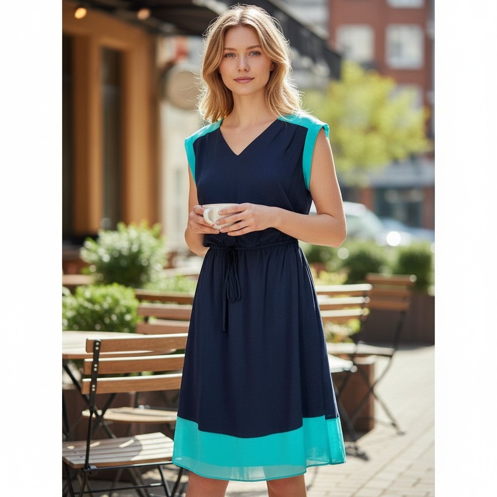 Enfocus Studios Navy with Aqua Trim Dress, NWT Size 8 / #3123